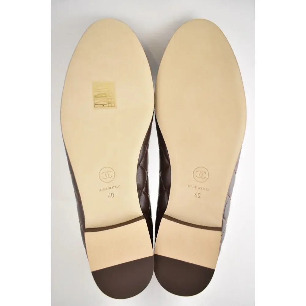 Chanel 26B Chocolate Dark Brown Lambskin Quilted CC Ballet Ballerina Flat 40